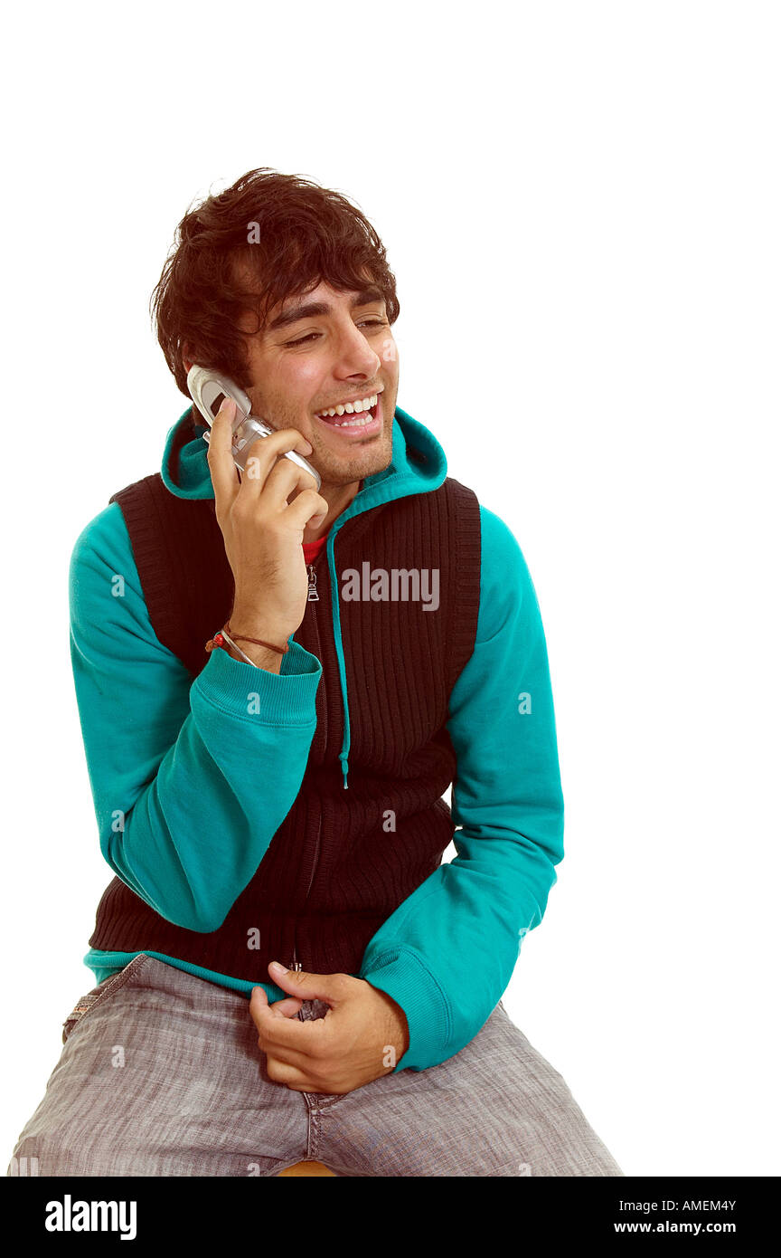 Young East Indian Man on Cell Phone Stock Photo