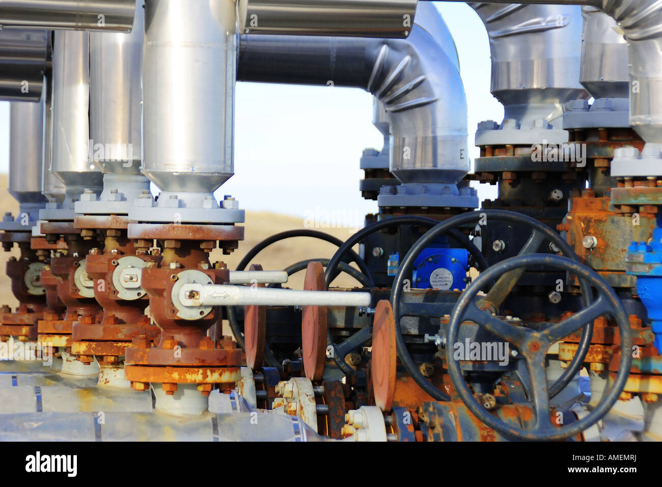 ball and gate valves on a pipeline riser header Stock Photo Alamy