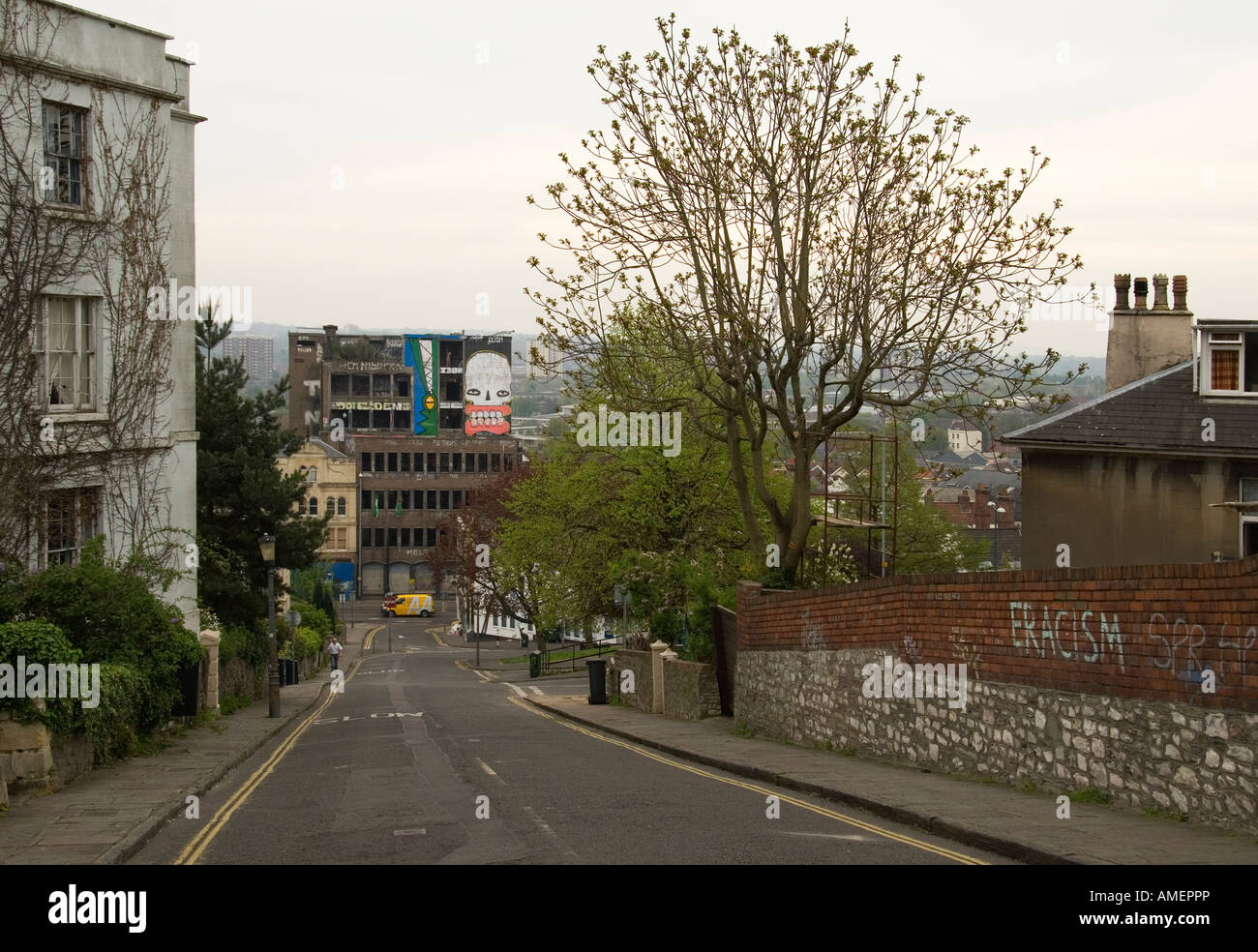 View down Nine Tree Hill, showing urban grafitti.  Bristol, England, UK, Europe Stock Photo