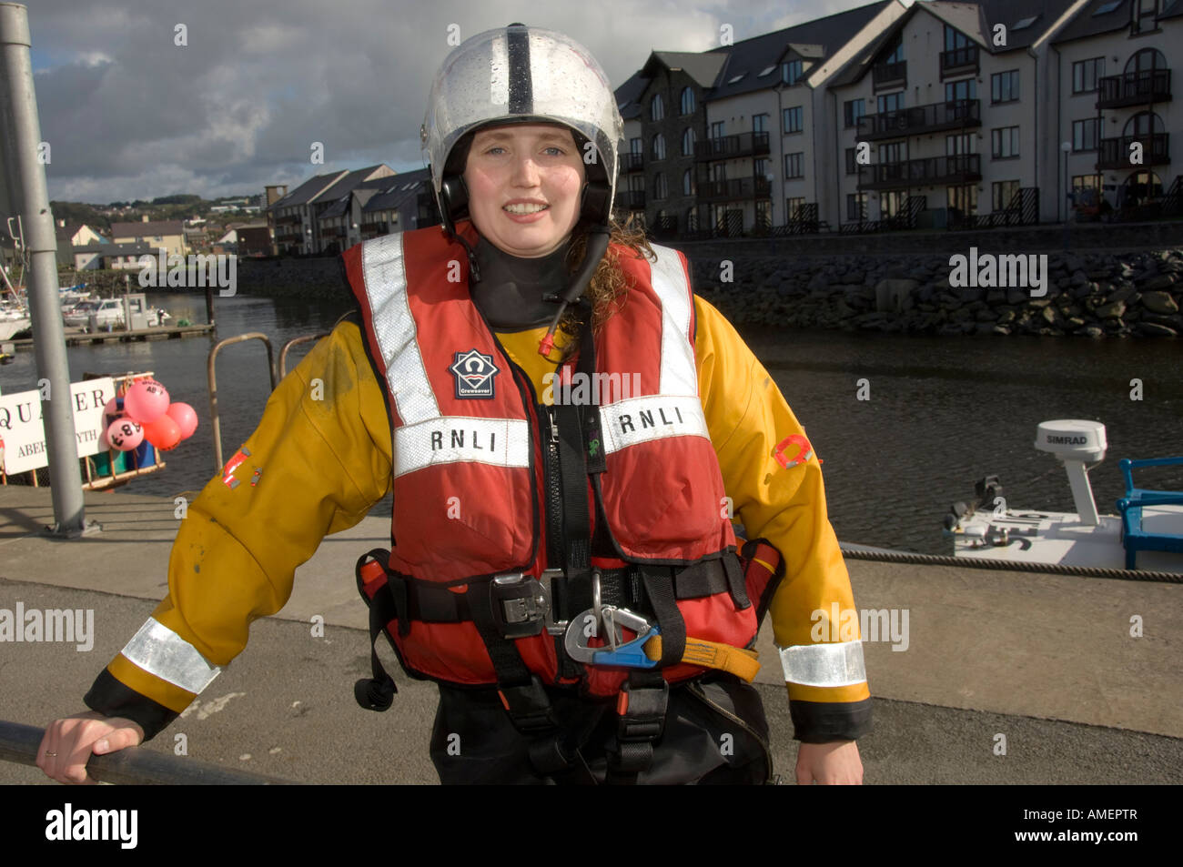 RNLI inshore lifeboat Aberystwyth female crew member Gemma Bell Stock Photo