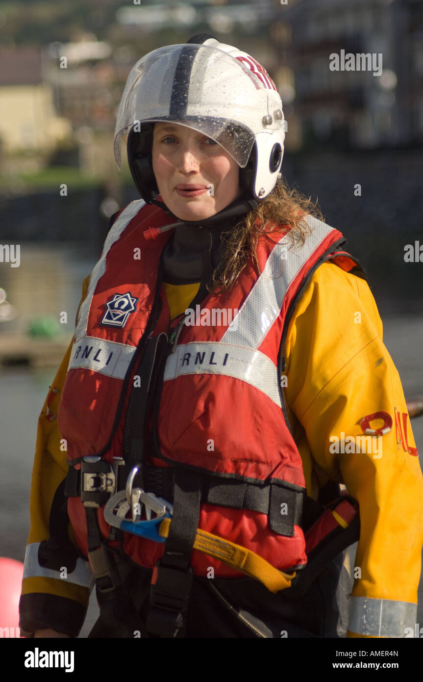 RNLI inshore rescue service lifeboat Aberystwyth female crew member Gemma Bell Stock Photo