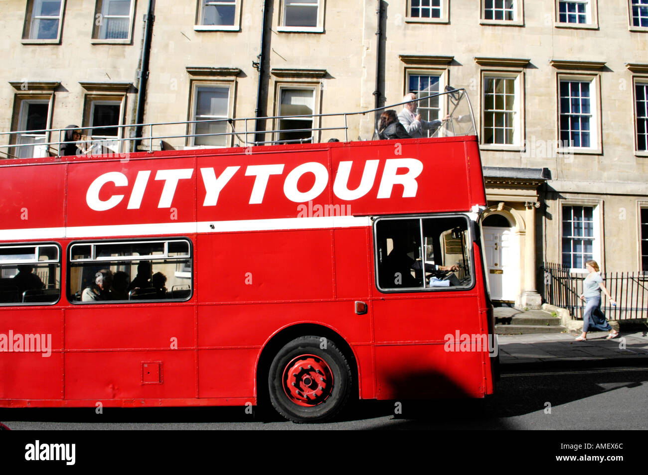 Open top red double decker City Tour bus in Georgian Bath  England UK GB Stock Photo