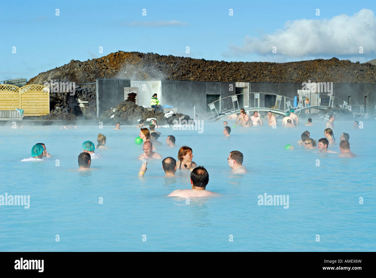 People enjoying sunny day in Blue Lagoon Iceland Stock Photo