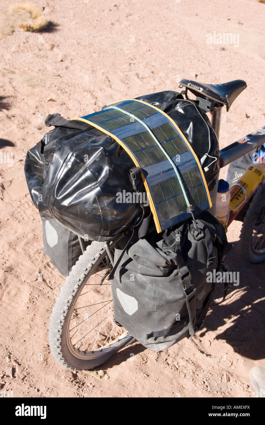 Solar panel on the back of an expedition bicycle in Bolivia Stock Photo