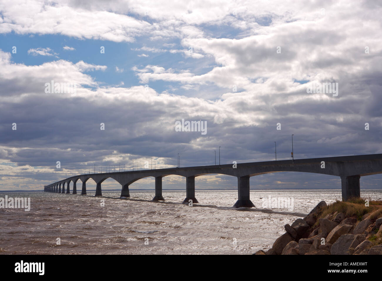 Confederation Bridge and Northumberland Strait seen from Borden Carleton, Borden Point, Queens, Prince Edward Island, Canada. Stock Photo