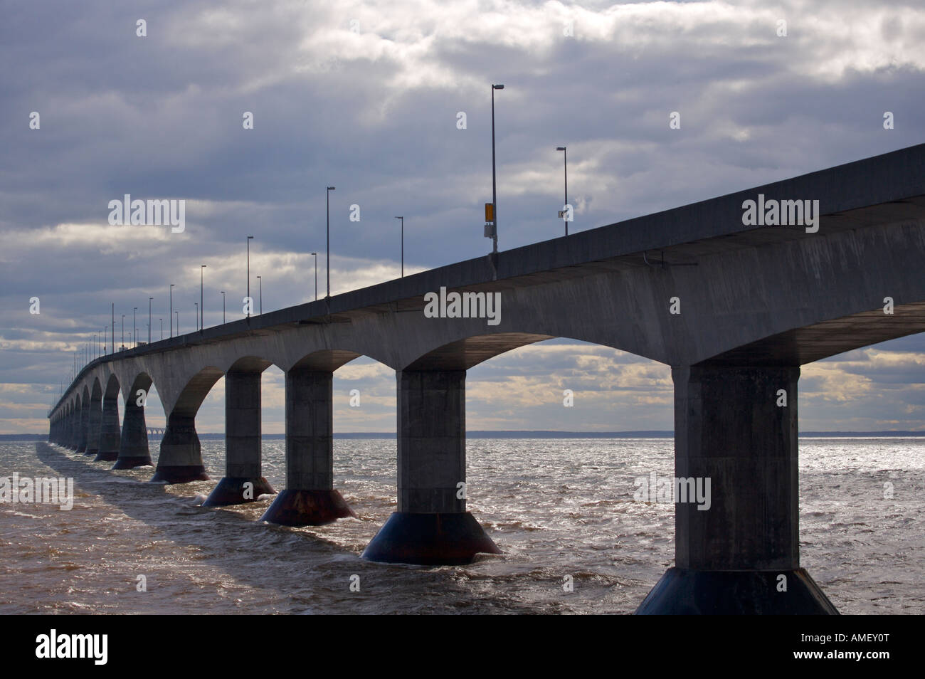 Confederation Bridge and Northumberland Strait seen from Borden Carleton, Borden Point, Queens, Prince Edward Island, Canada. Stock Photo