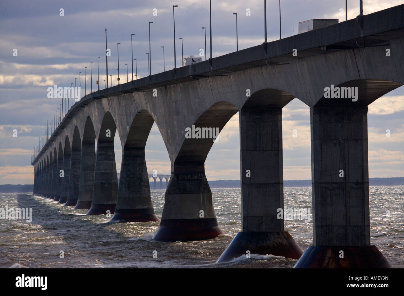Confederation Bridge and Northumberland Strait seen from Borden Carleton, Borden Point, Queens, Prince Edward Island, Canada. Stock Photo