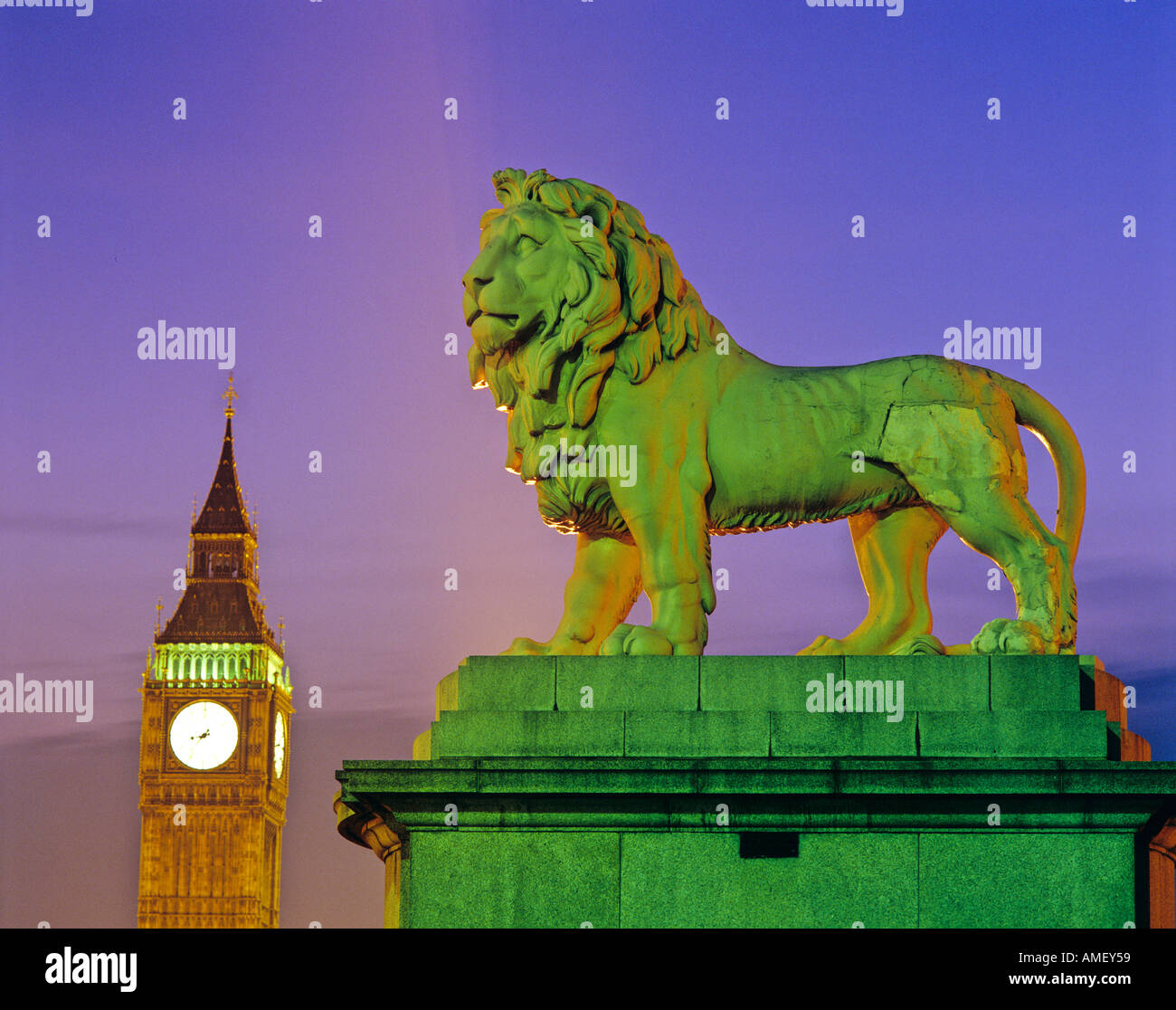 The Lion Statue and Big Ben illuminated at night London United Kindom Stock Photo