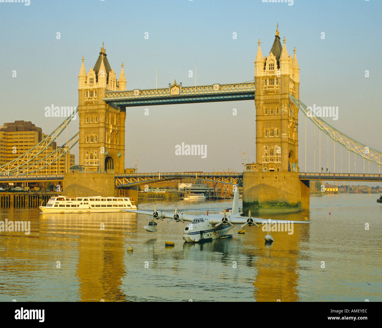 Tower Bridge and Short Sanderland flying boat on the Thames London England Stock Photo