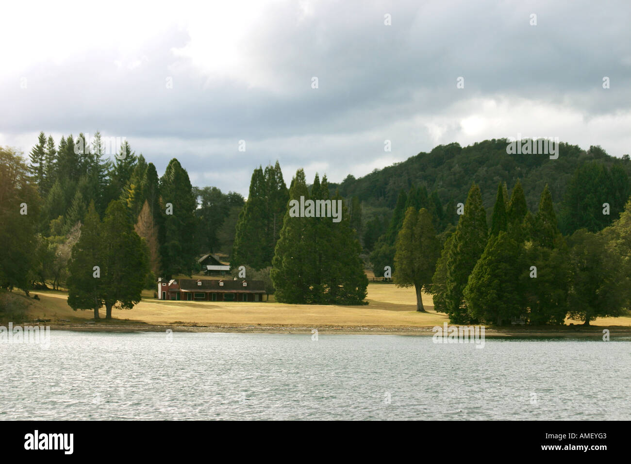 A view of an estancia house from lake Nahuel Huapi near Villa La Angostura Possible from a rich and famous person as this proper Stock Photo
