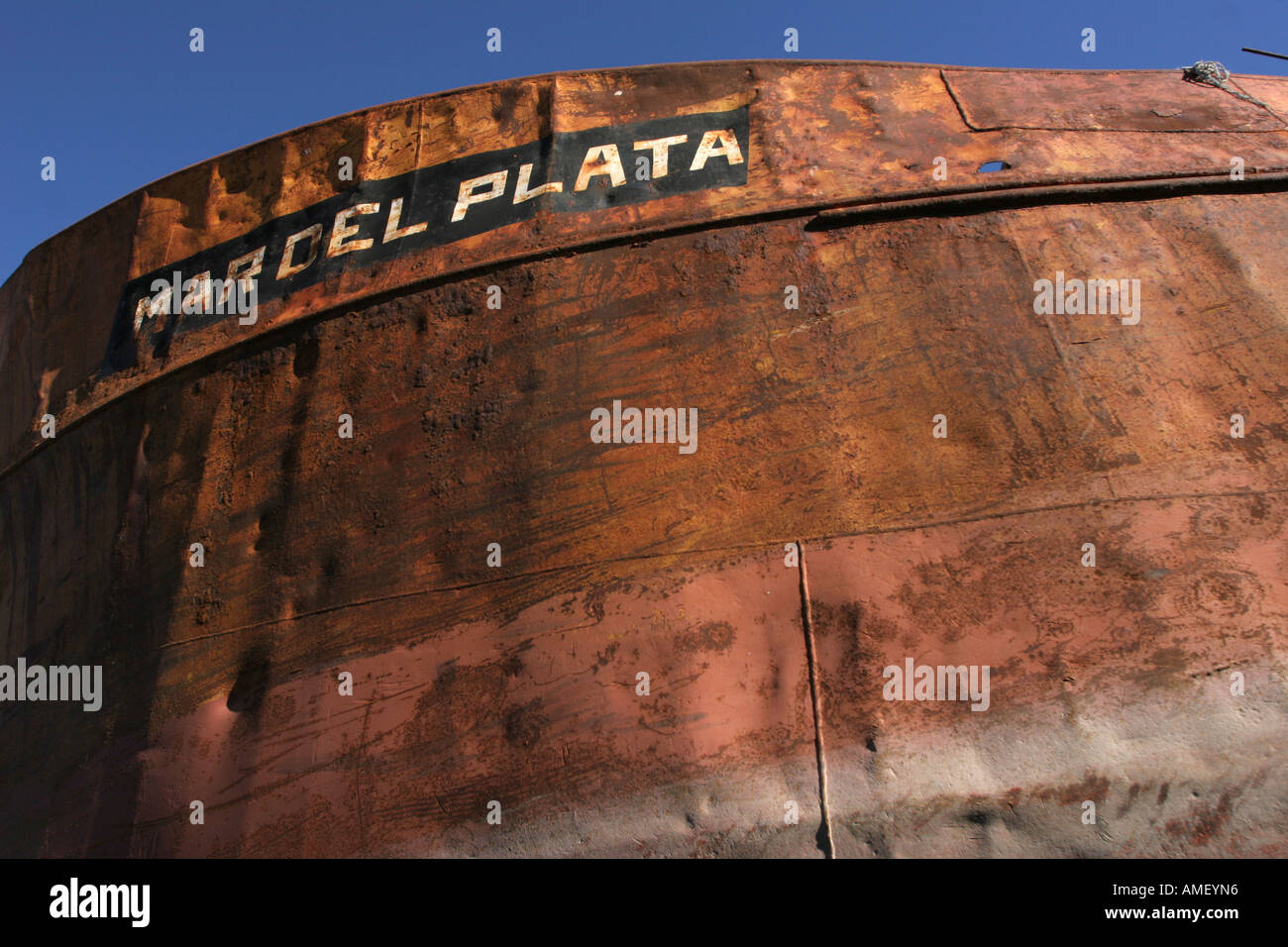 Old and oxidize ship´s hull in Mar del Plata, Argentina. A rusty texture of a fishing boat corroded by the salty breeze of the s Stock Photo