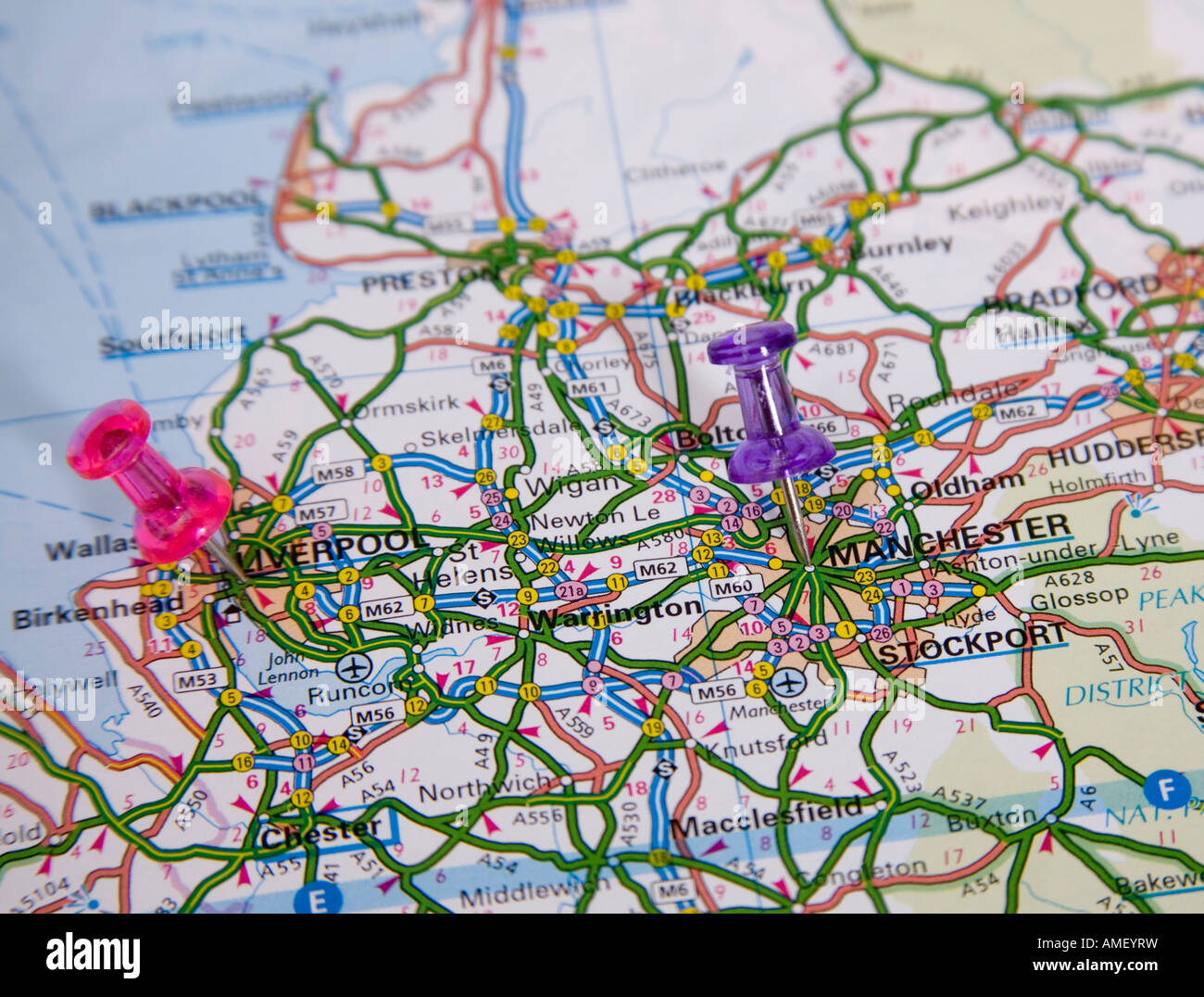 Map of cities of Liverpool and Manchester with map pins Stock Photo
