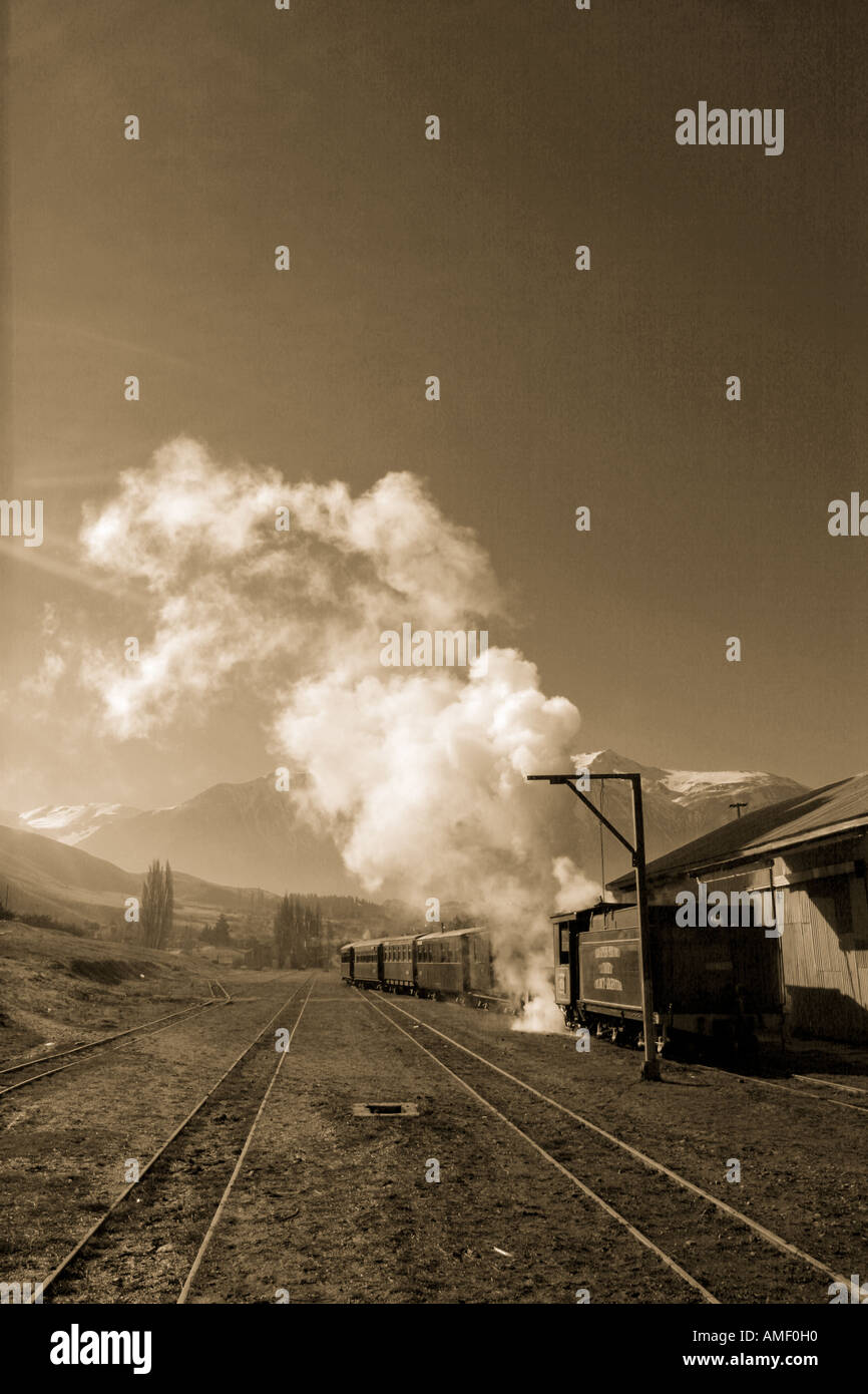 Old steam train locomotive La Trochita stopped in the station of the town of Esquel, Chubut, Patagonia, Argentina. In sepia tone Stock Photo