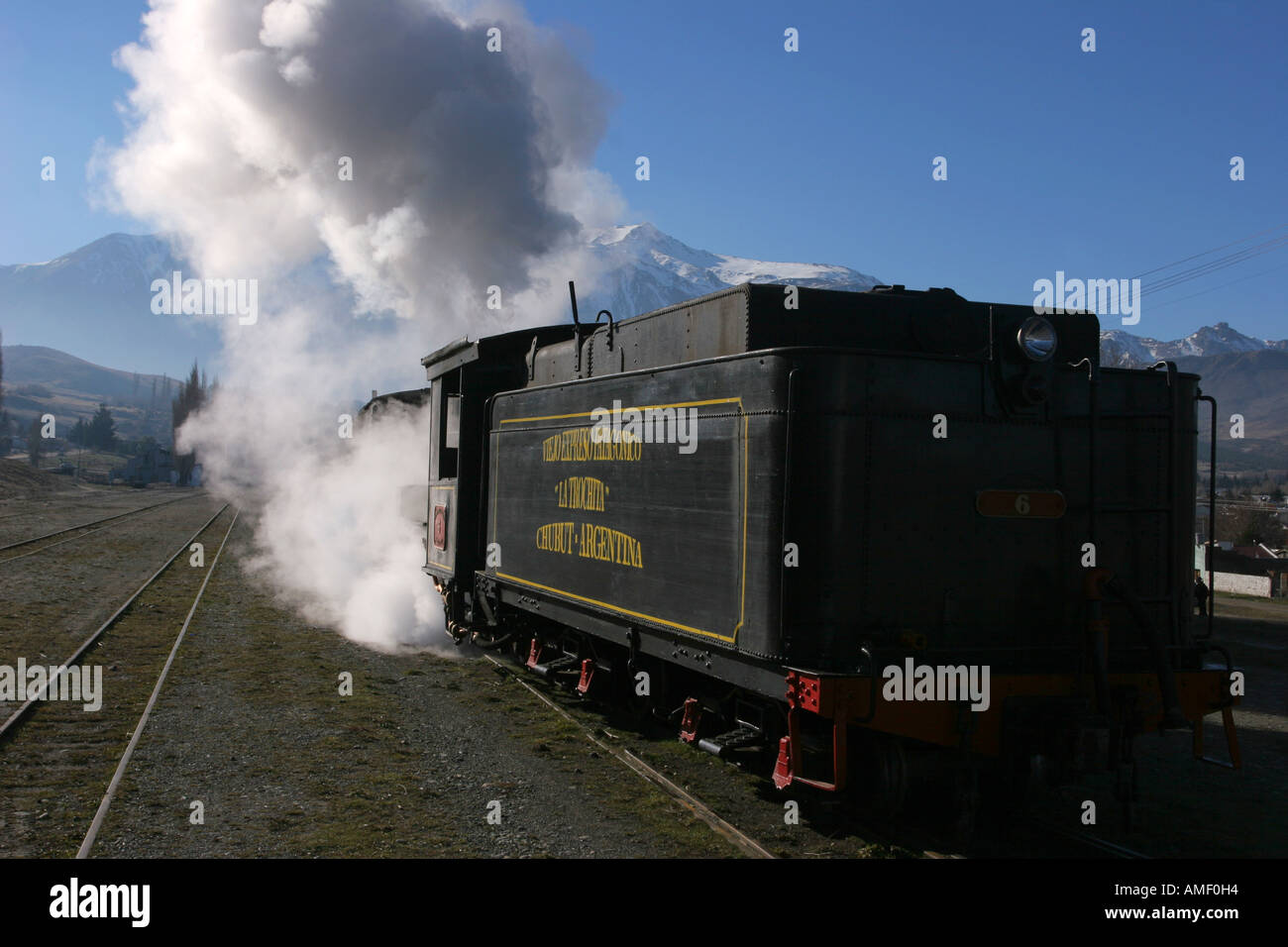 Old steam train locomotive La Trochita about to leave the station of the town of Esquel, Chubut, Patagonia, Argentina. Stock Photo