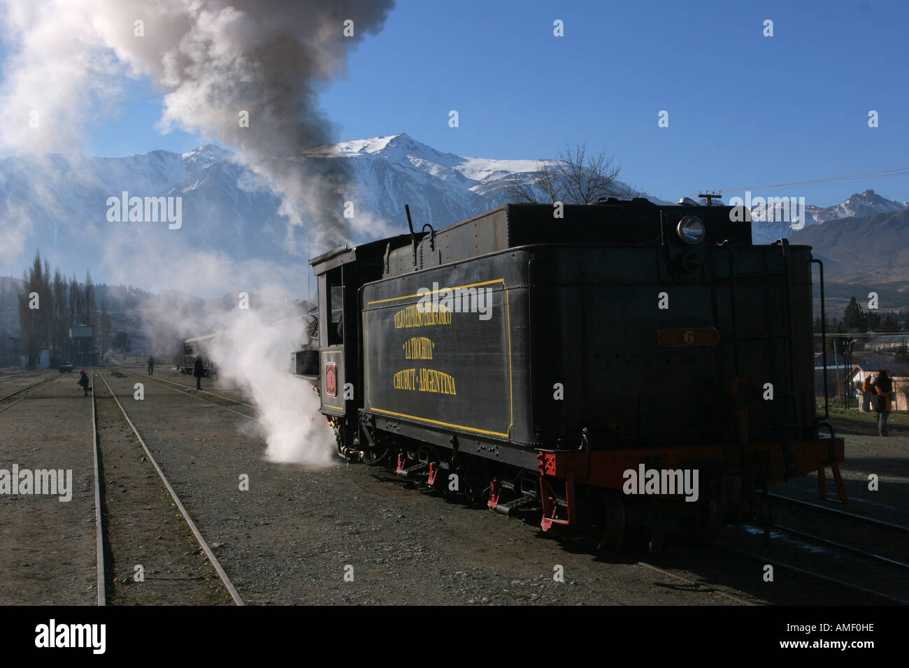 Old steam train locomotive La Trochita stopped in the station of the town of Esquel, Chubut, Patagonia, Argentina. Stock Photo