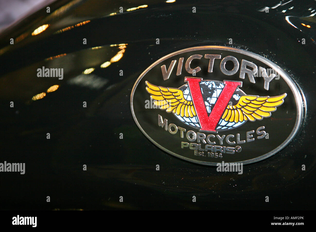 Victory motor cycles badge on a bike tank. Stock Photo