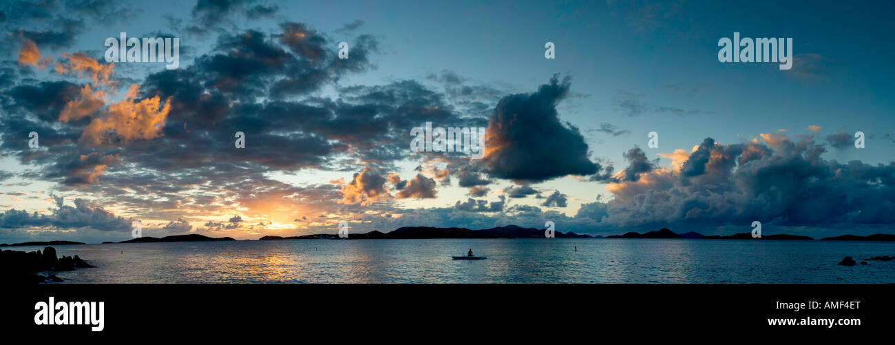 Sunset in the clouds from Gallows Point on St John in the US Virgin Islands. High resolution panorama Stock Photo
