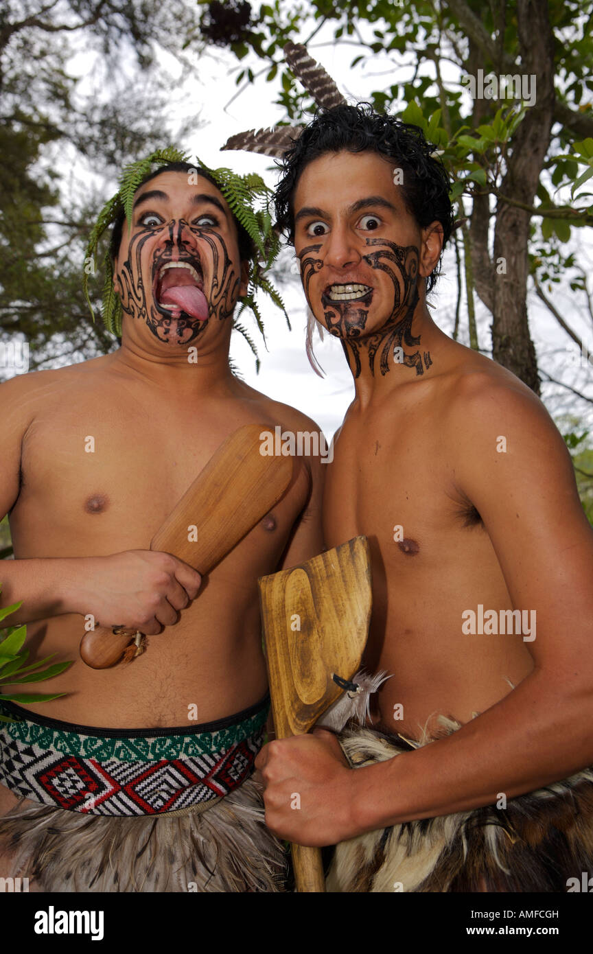 Maori Warriors at the Wairakei Terraces Maori Village near Taupo, North Island, New Zealand. Stock Photo