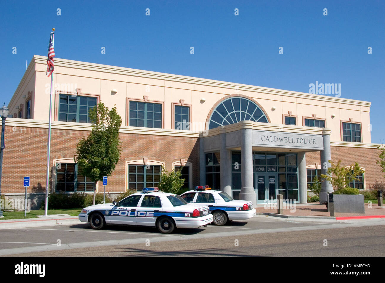 Police cars parked in front of the police headquarters in Caldwell
