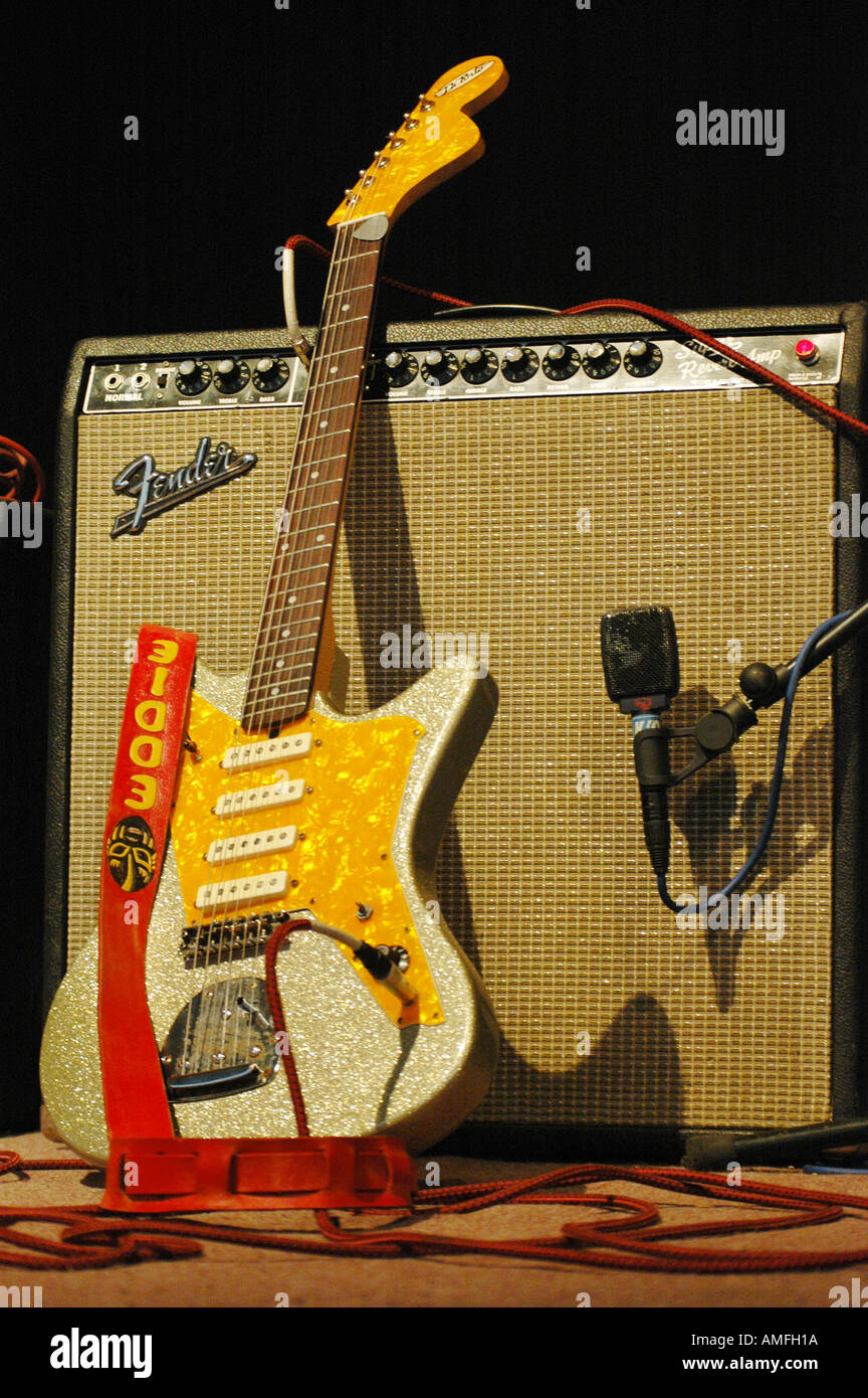 Eddie Clearwater's guitar and Fender amp on stage at 2004 Moulin Blues festival Ospel Netherlands Stock Photo