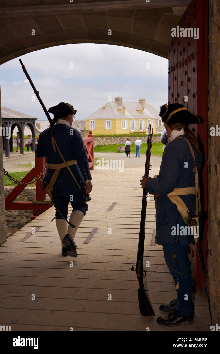 Soldiers at the entrance to the King's Bastion at the Fortress of Louisbourg, Marconi Trail, Cape Breton, Nova Scotia, Canada. Stock Photo