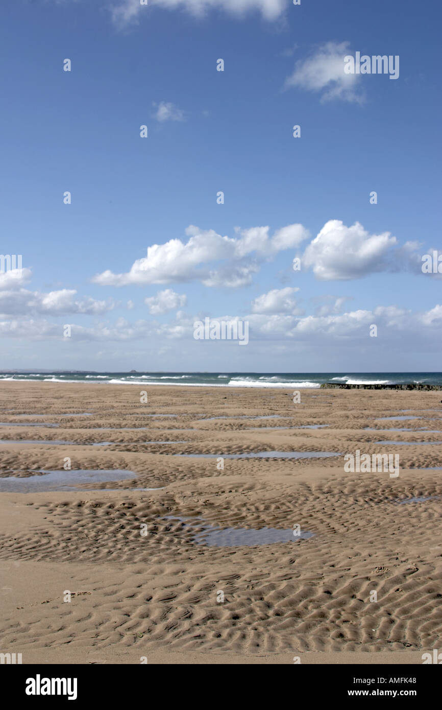 portrait shot showing large expanse of sandy beach with tide coming in Blue sky with white clouds and sand dunes Stock Photo