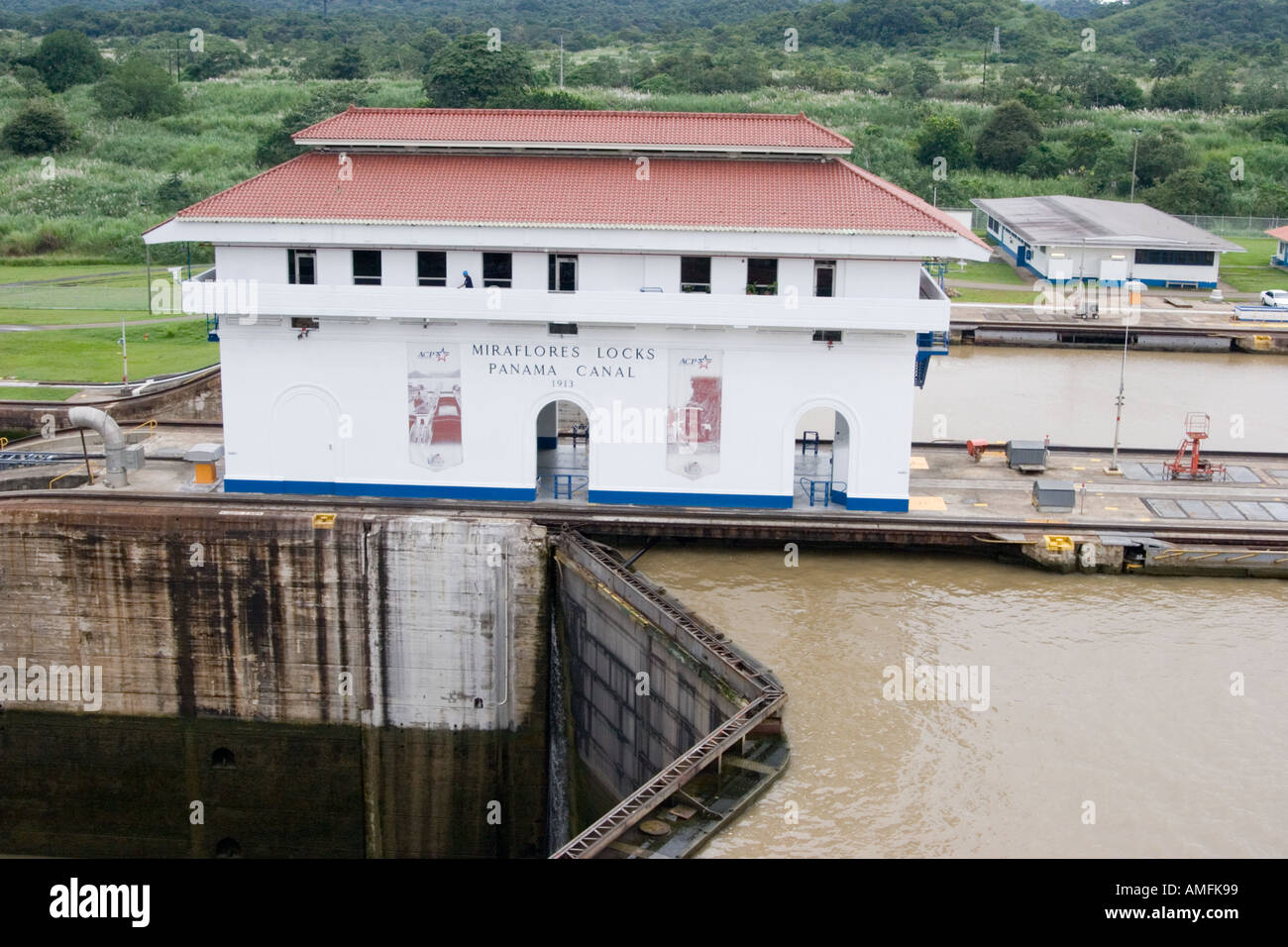 Panama Canal, Miraflores locks. This photograph shows the huge ...