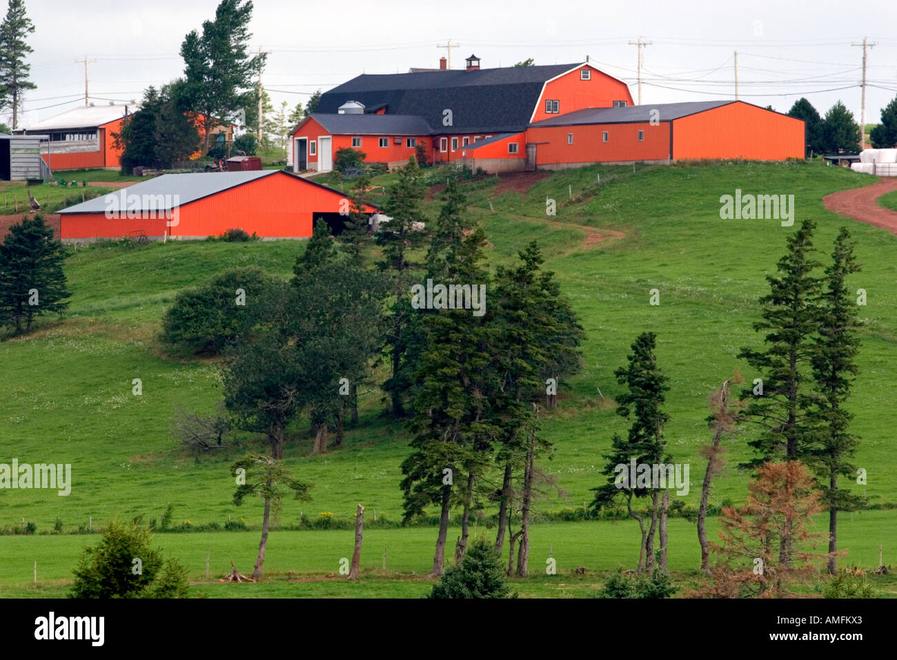 Farm and red barn on a hill at New Glasgow, Prince Edward Island, Canada. Stock Photo