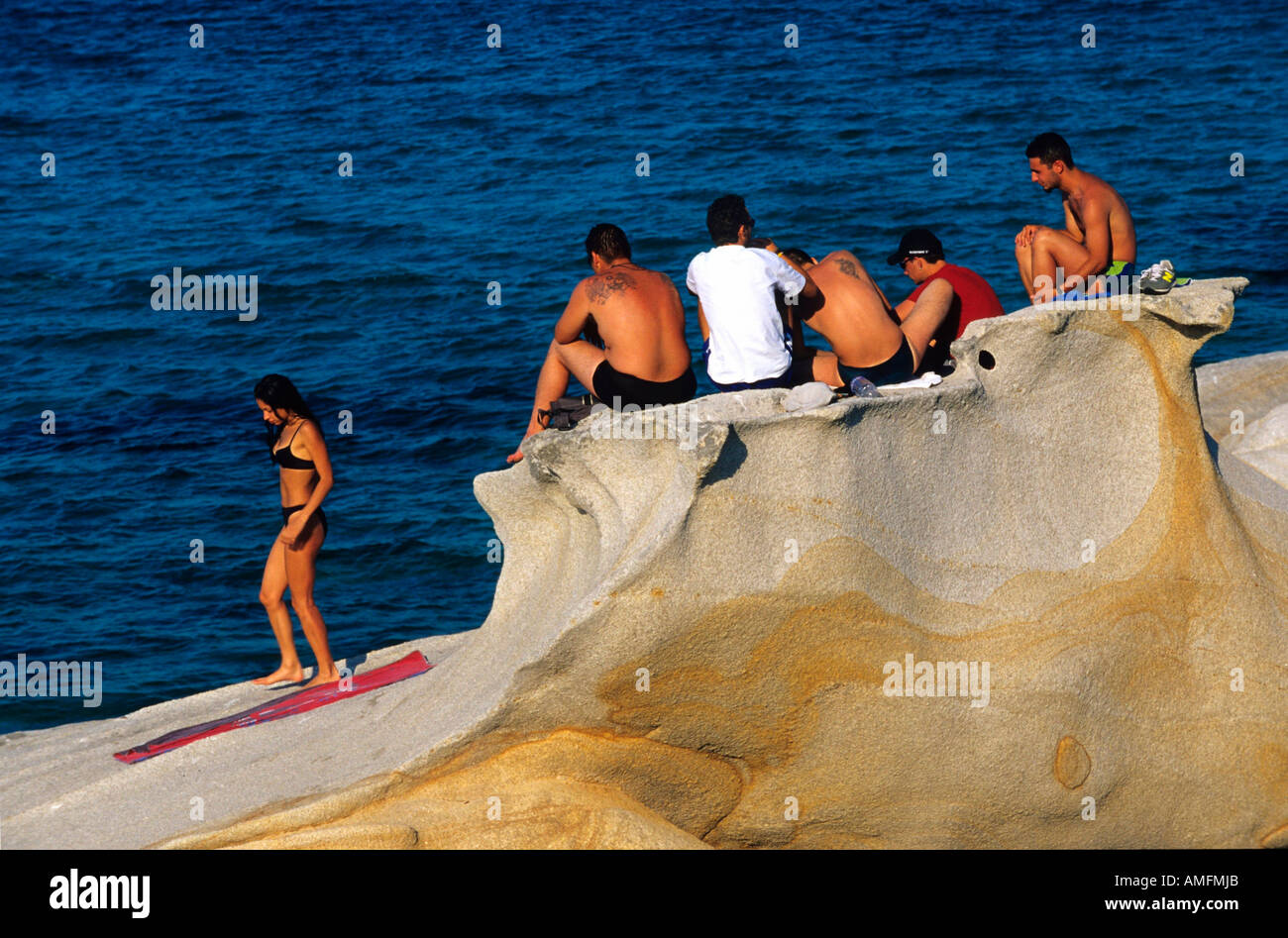 Griechenland, Chalkidiki, Sithonia, Badefelsen am Platanitsi-Strand bei Sarti Stock Photo