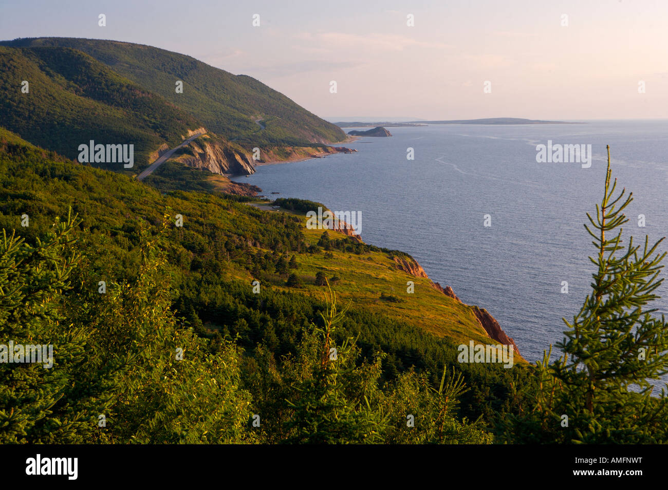 View of the Cabot Trail from the Veterans Monument towards Cheticamp Island, Cape Breton, Nova Scotia, Canada. Stock Photo