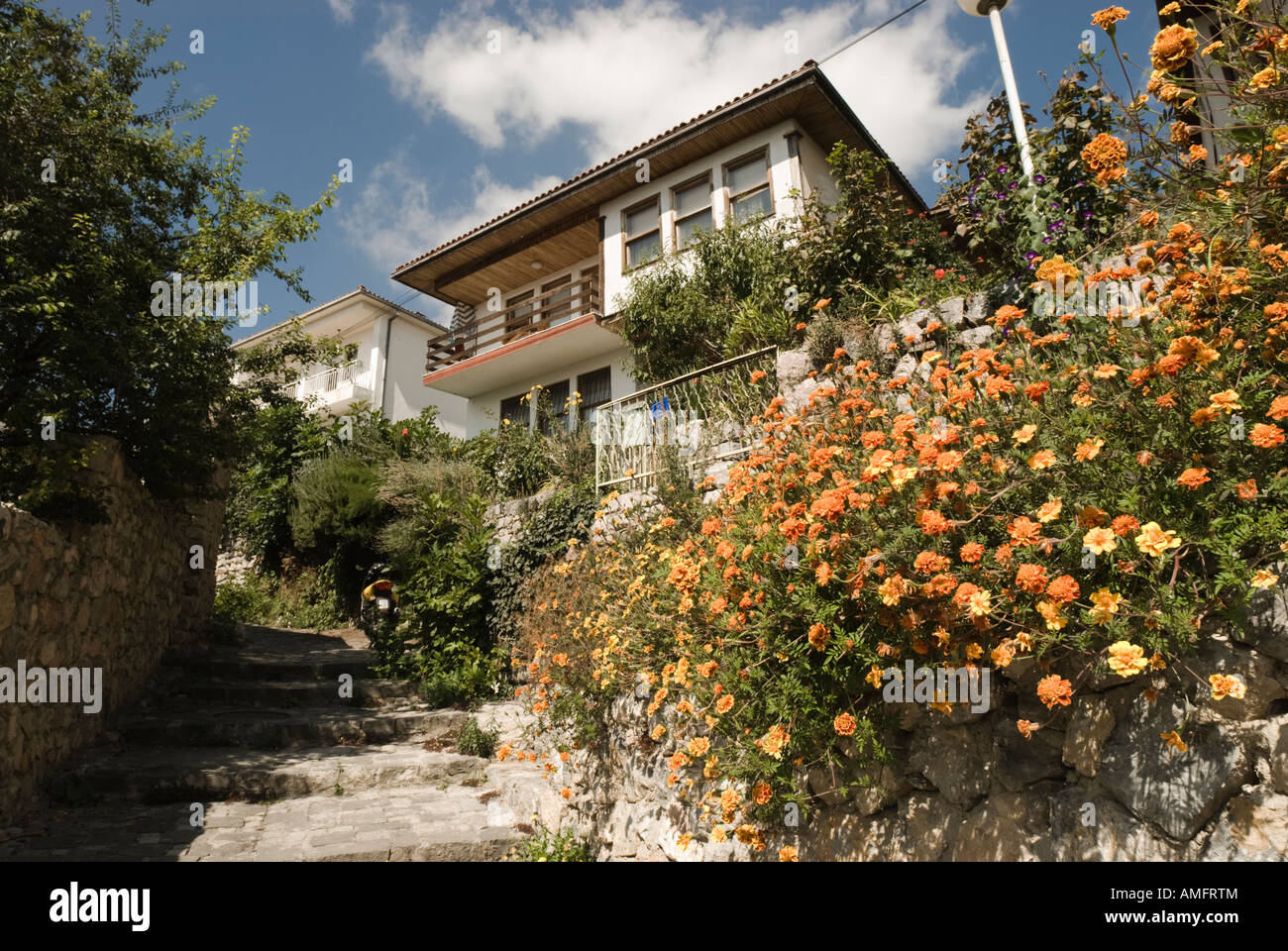 Residential houses and ornamental flowers in Orhid old town, Macedonia Stock Photo