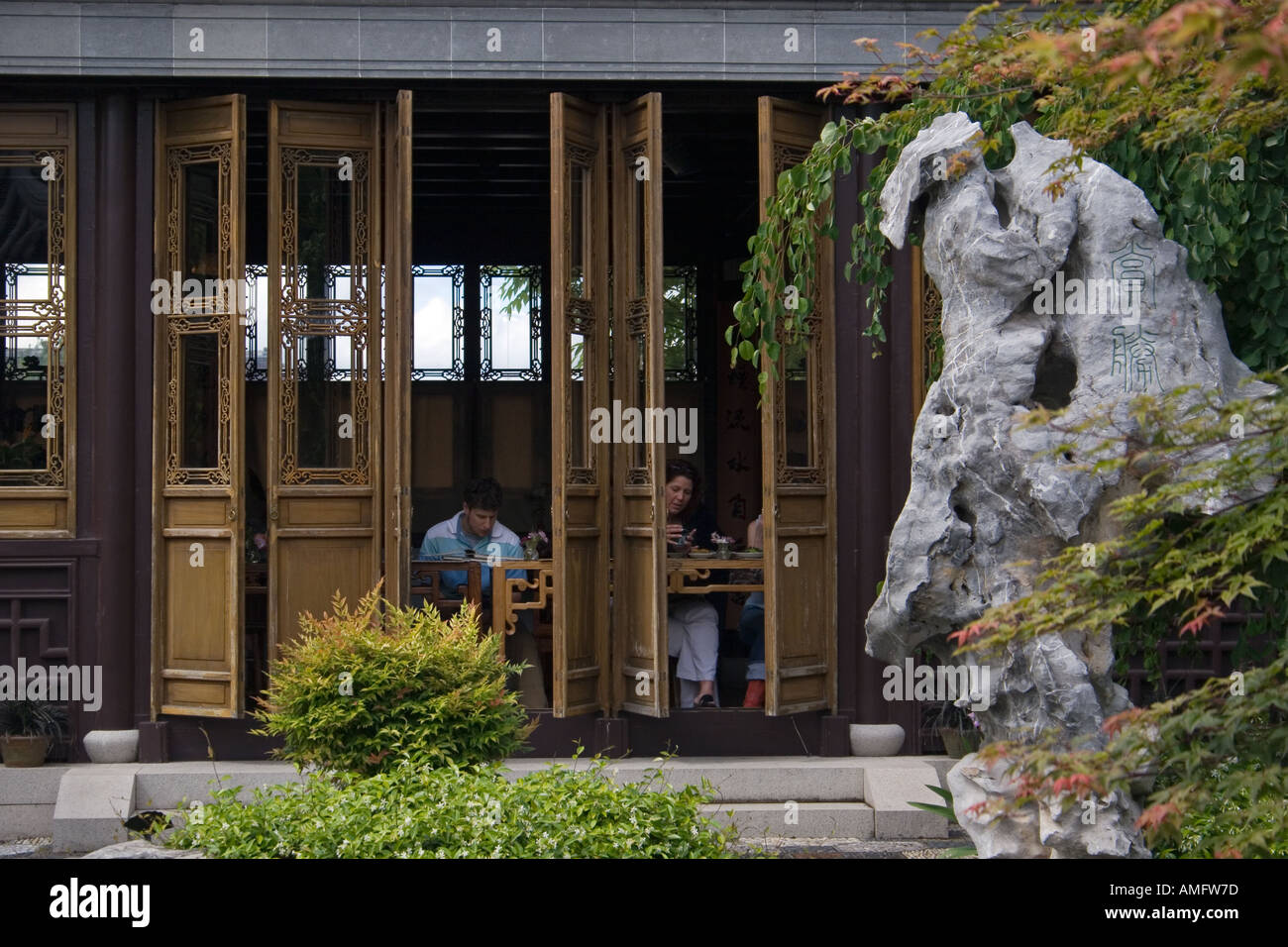 Visitors in the Tea House at the Portland Classical Chinese Garden a