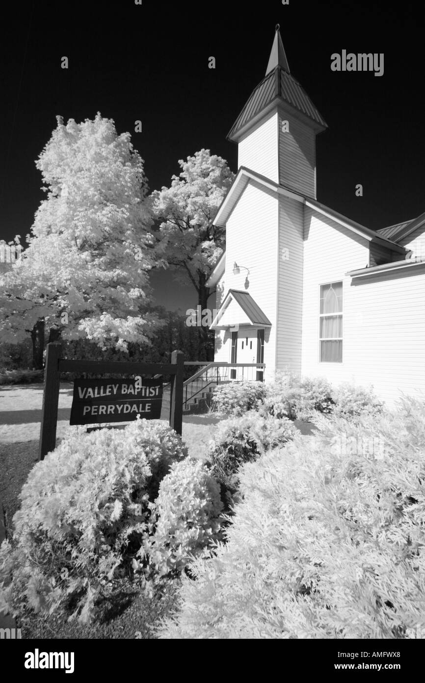 Infrared Photograph of Valley Baptist Church in Rural Oregon Stock Photo
