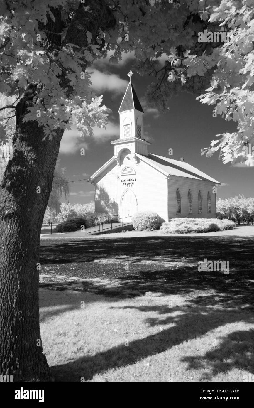 Infrared Photograph of Oak Grove Church in Rural Oregon Stock Photo