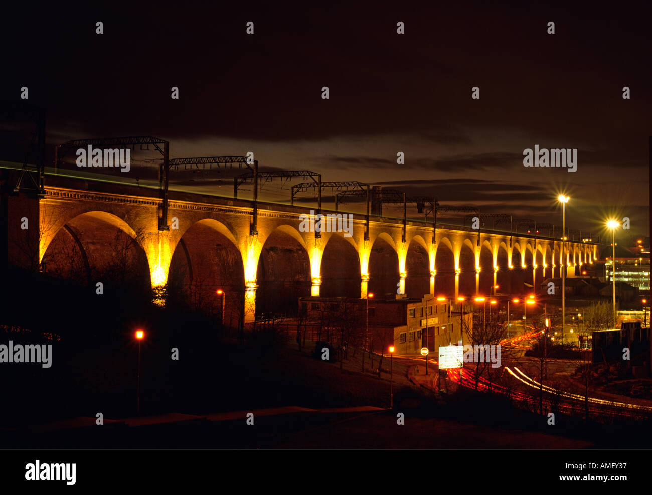 Cheshire Stockport Railway Viaduct at night Stock Photo