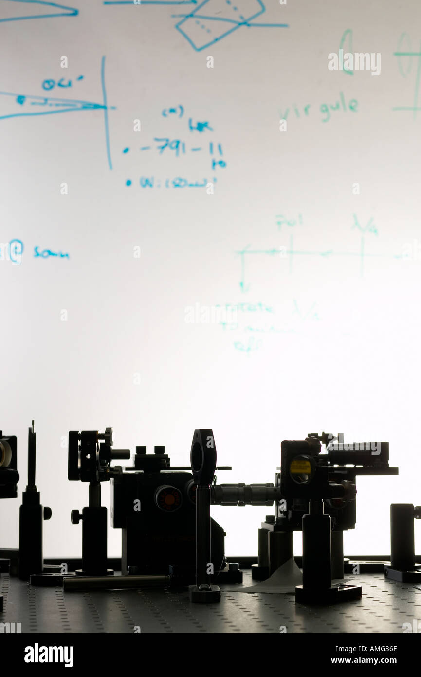 physics laboratory equipment in silhouette against white board with