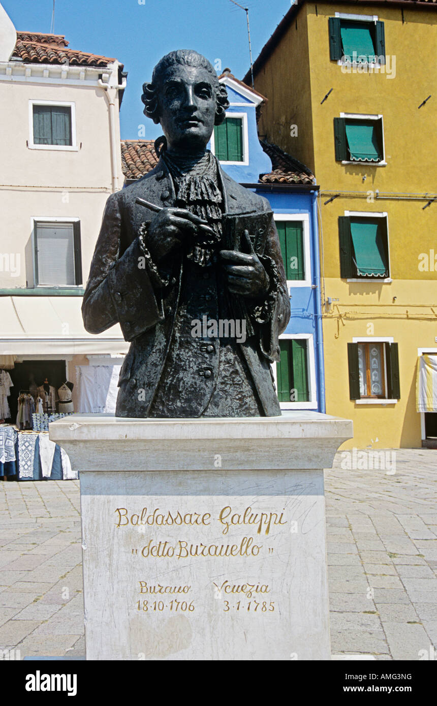 Statue of Baldassare Galuppi in town square, on the island of Burano, Venice, Italy Stock Photo