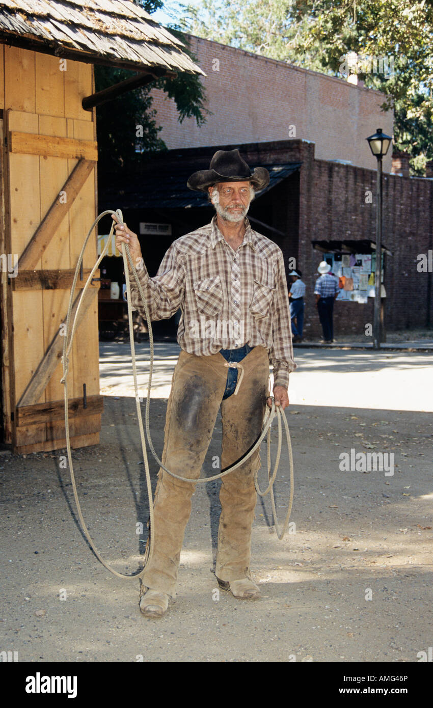 Cowboy posing with rope, Columbia State Historic Park, California, USA Stock Photo