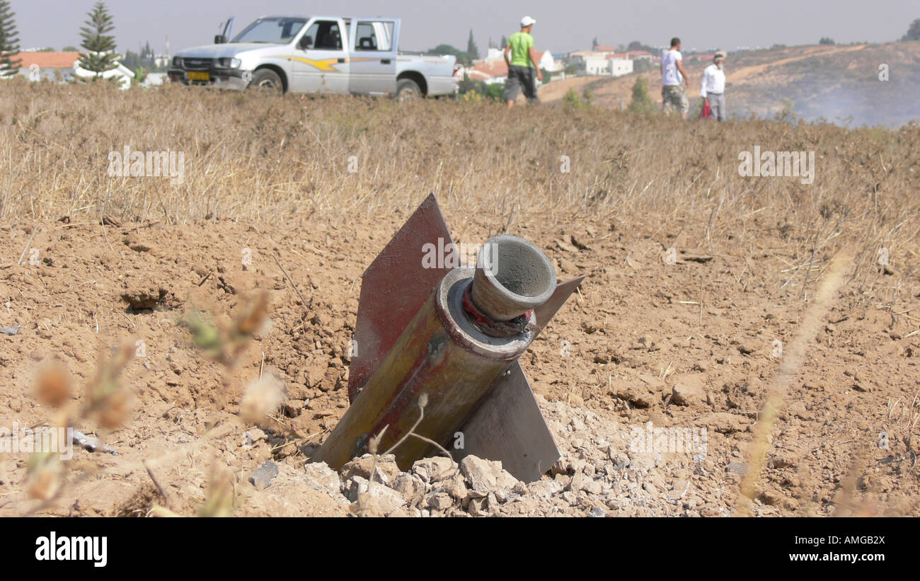 Israel Sderot The remains of a Qassam rocket launched by Hamas from Gaza In an empty field near the city August 23rd 2007 Stock Photo