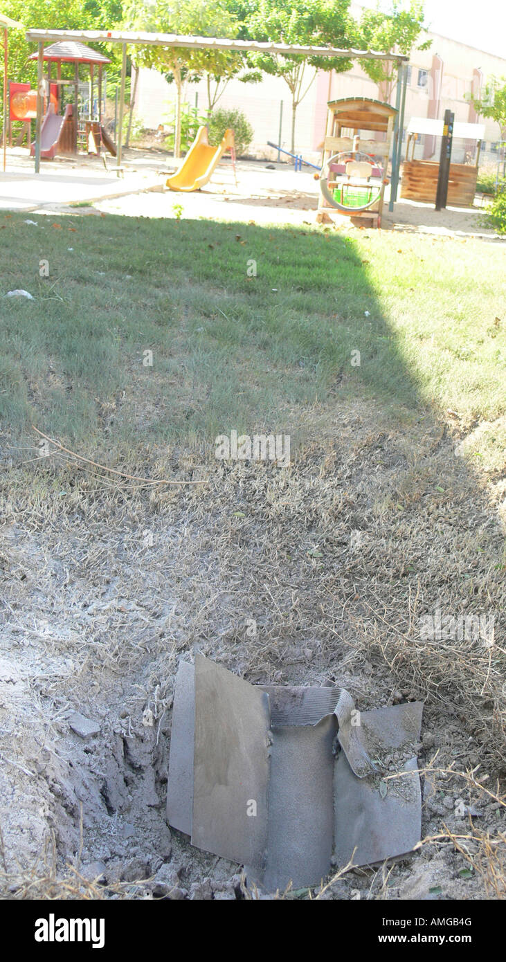 Israel Sderot The remains of a Qassam rocket launched by Hamas from Gaza In an empty field near the city August 6th 2007 Stock Photo