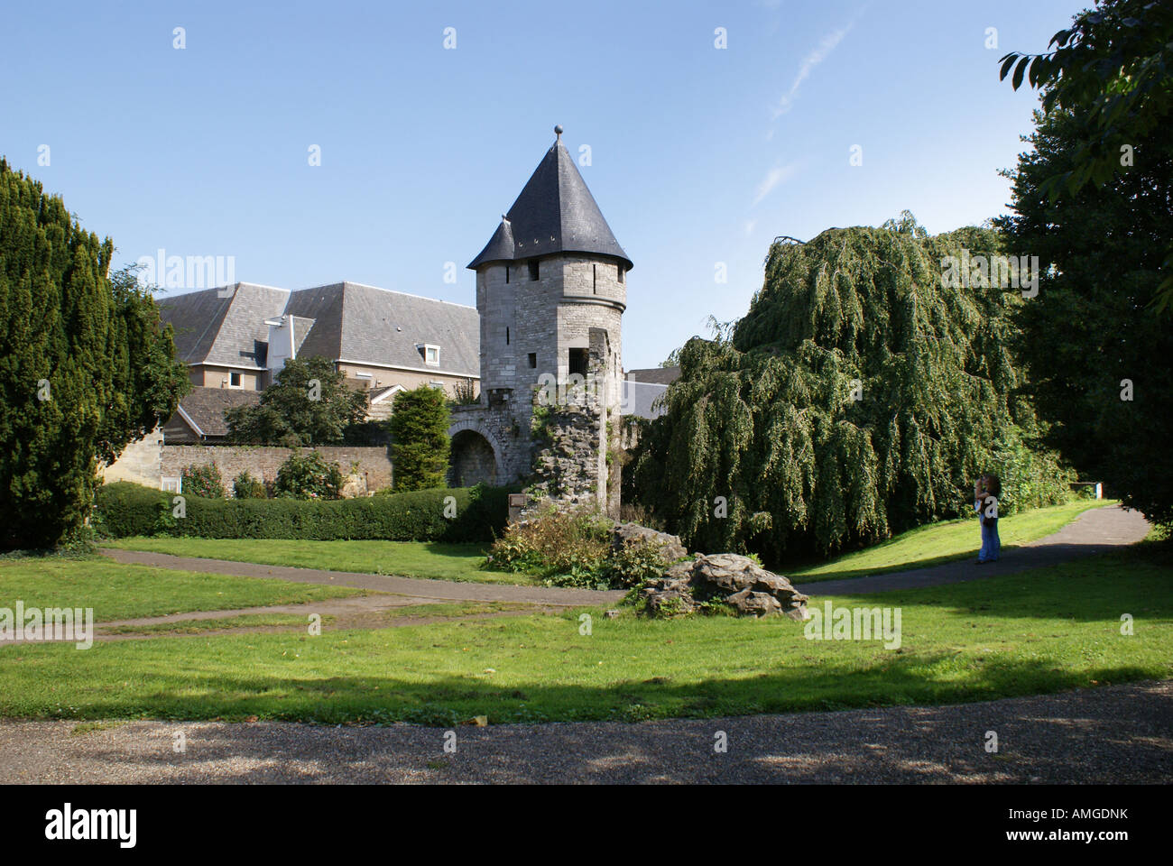 View of Monseigneur Nolens park with father Vinck Tower Maastricht Netherlands Stock Photo