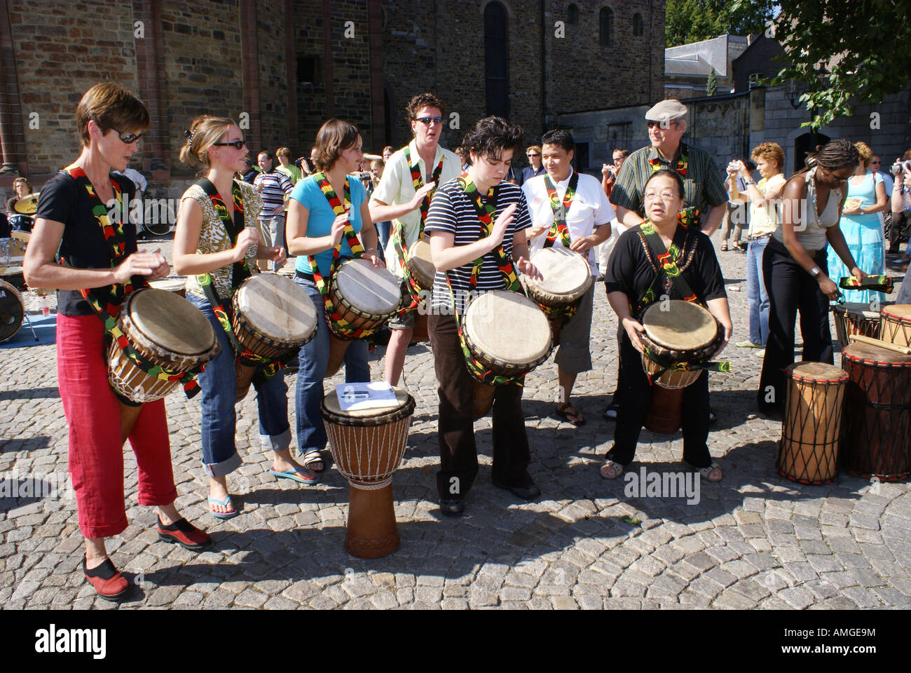 group drummers playing the drums at open air festival Maastricht Stock
