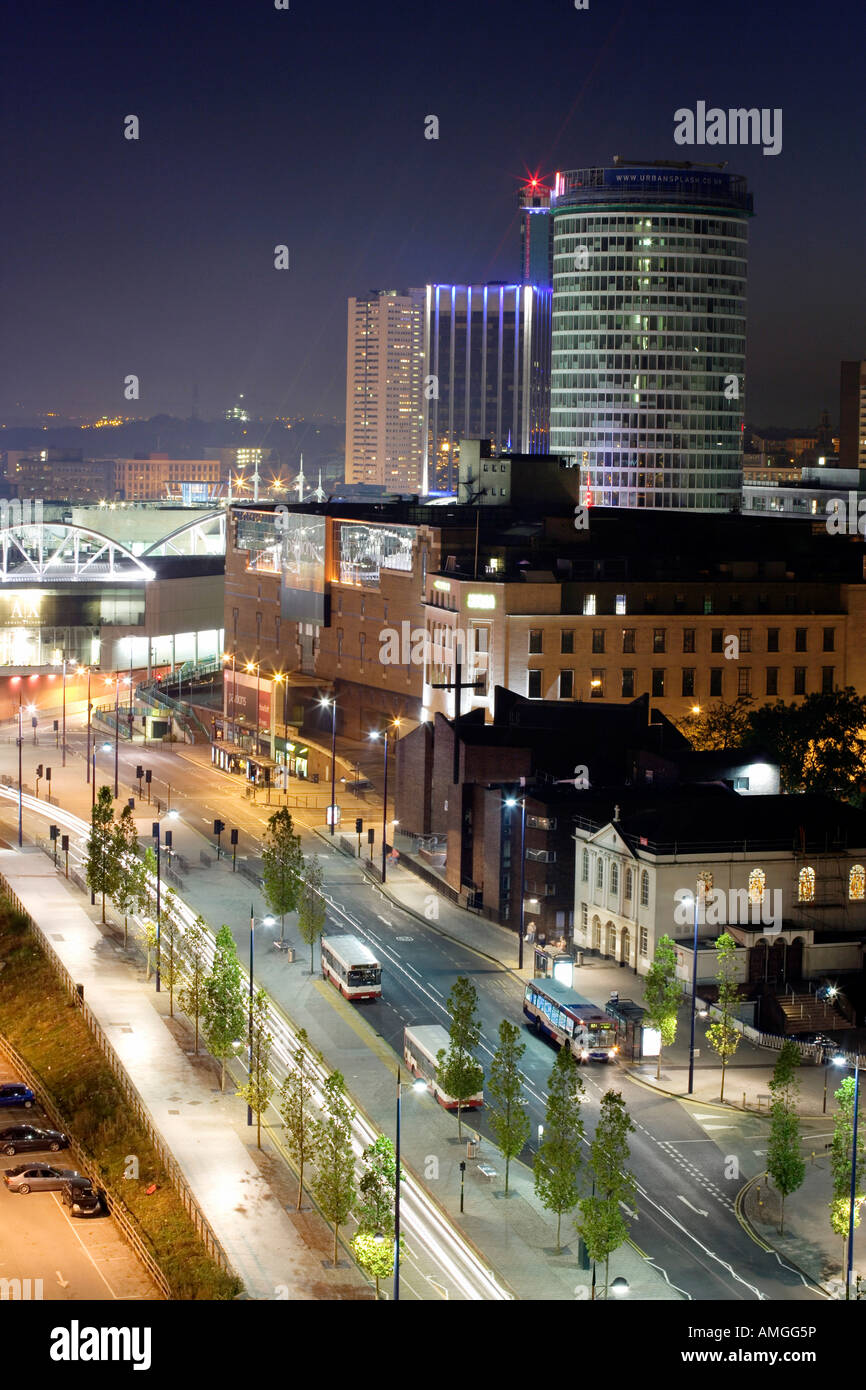 The edge of Birmingham city centre View from Masshouse development to the Rotunda and Bullring buildings Night cityscape Stock Photo