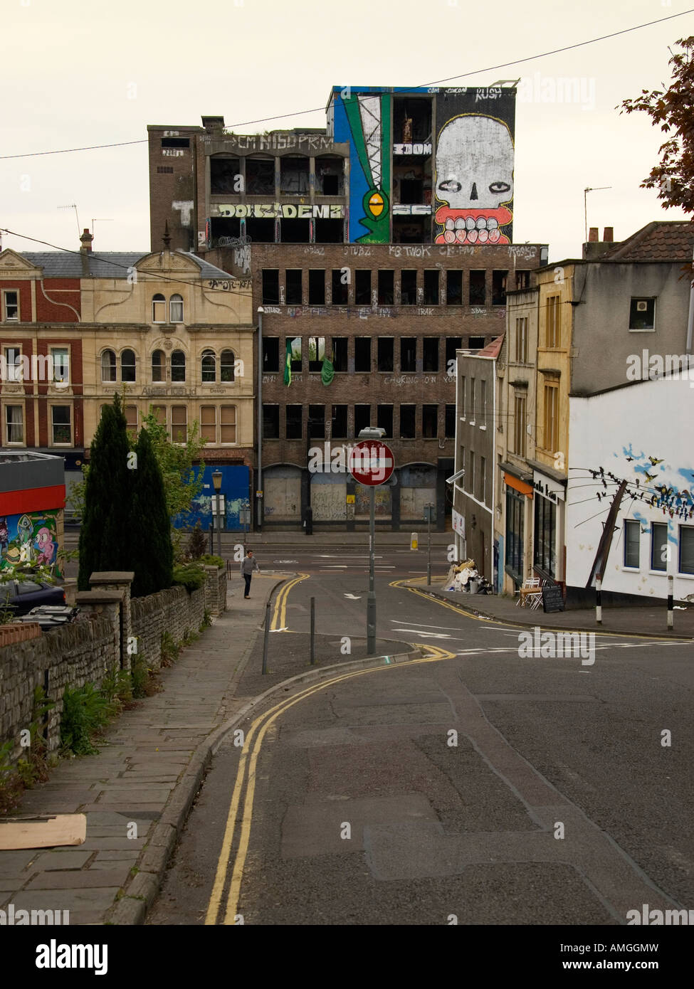 View down Nine Tree Hill to Cheltenham Road, showing urban graffiti.  Bristol, England, UK, Europe Stock Photo