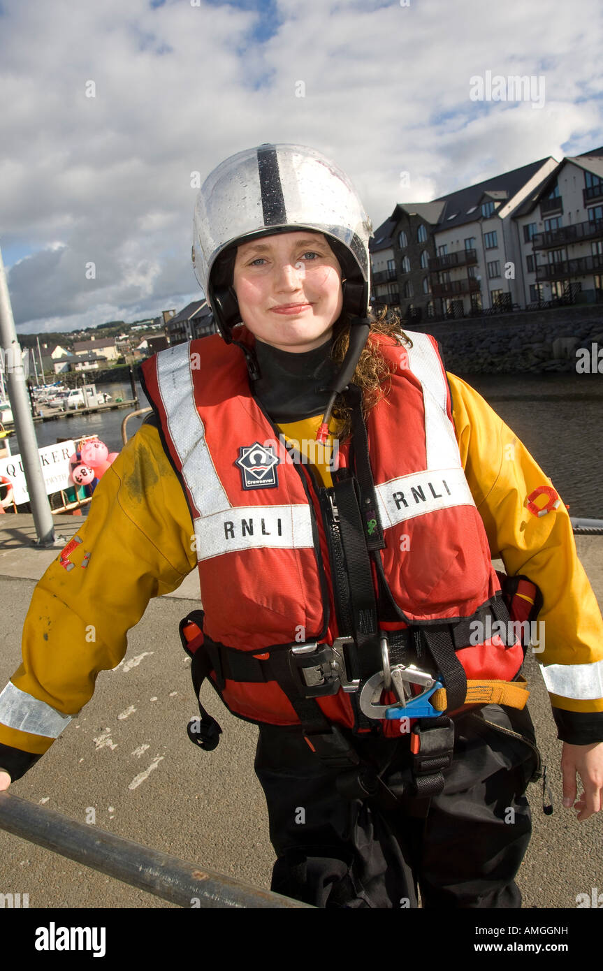 RNLI inshore lifeboat Aberystwyth female crew member Gemma Bell in full protective clothing after a practice session. Wales UK Stock Photo