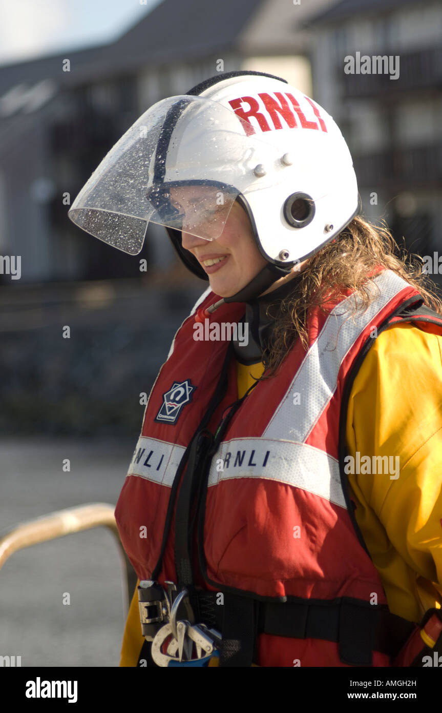 RNLI inshore lifeboat  rescue service Aberystwyth female crew member Gemma Bell, Wales UK Stock Photo