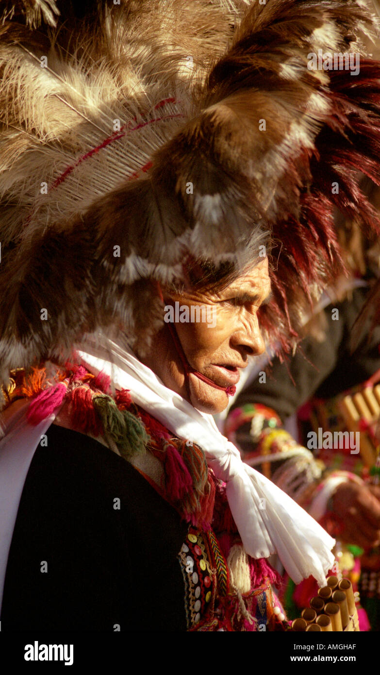 Peruvian musician Inca summer solstice festival Cuzco Peru Stock Photo