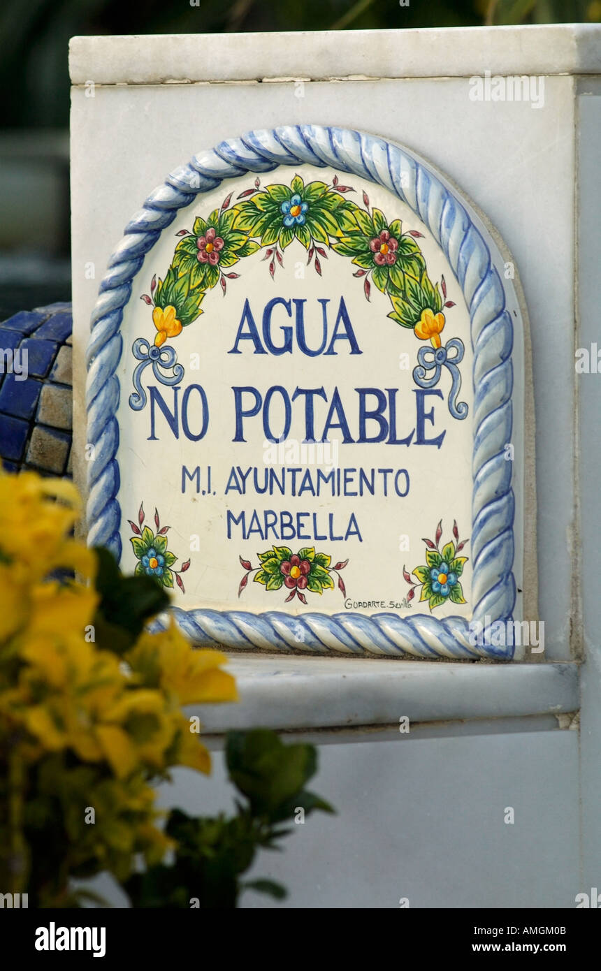 Water not suitable for drinking sign (Agua no Potable M.I Ayuntamento) Marbella Andalusia, Southern Spain Stock Photo