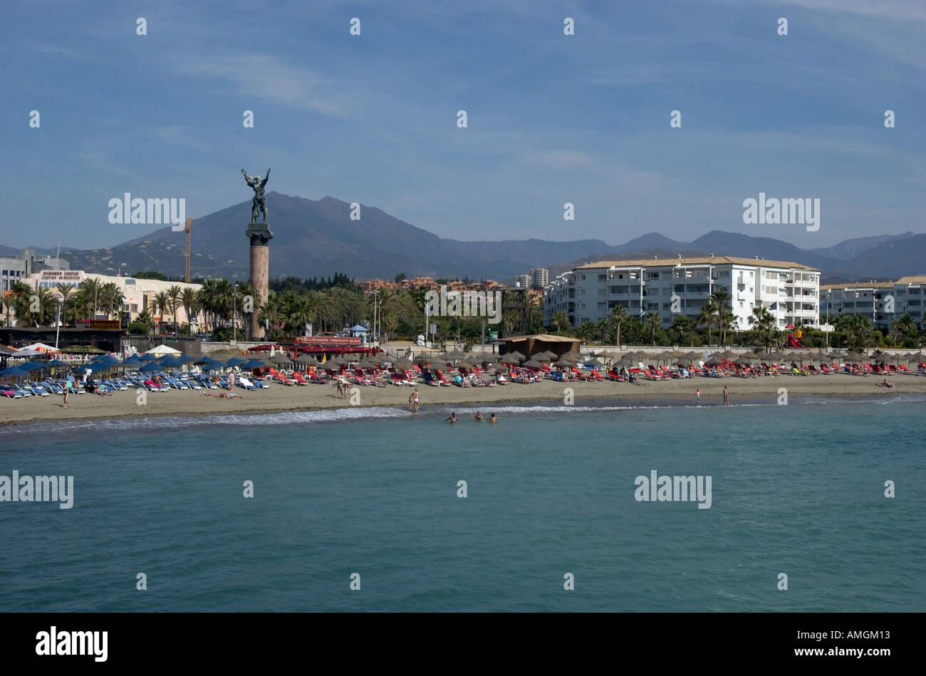 Levante Beach (playa) with La Concha Mountains & La Victoria statue in