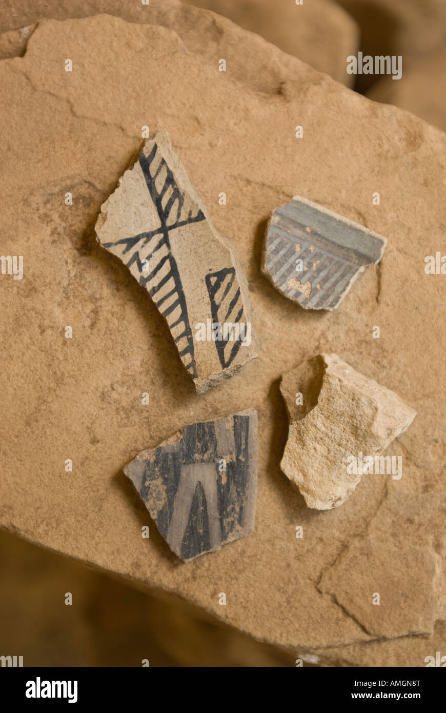 Pottery sherds at the Tree House in the Ute Mountain Tribal Park near Cortez, Colorado. Stock Photo